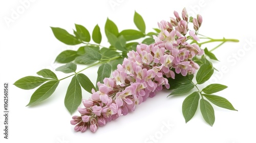 Glycyrrhiza glabra, commonly known as licorice, is a medicinal plant with a distinct, elongated root. The plant features long, slender stems with delicate green leaves and clusters of small,