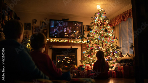 Children watching a classic holiday movie next to a beautifully decorated Christmas tree