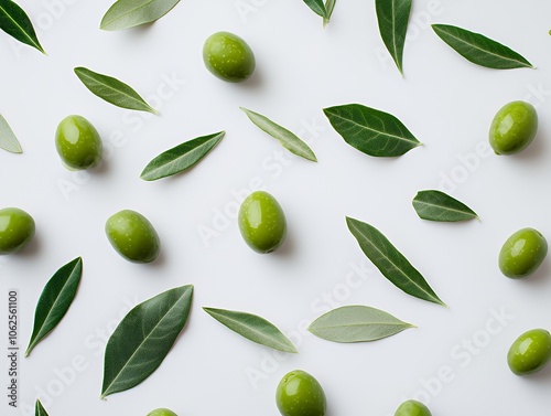 Green Olives and Leaves Pattern on White Background.