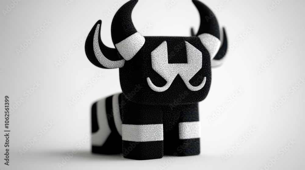 A cartoon-style bull figure, featuring a unique black and white design, prominent curved horns, and a soft, plush texture. Its playful look suits children's products, decor, and digital content.