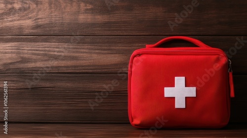 A bright red first aid kit with a white cross emblem stands out against a rustic wooden background, symbolizing safety and preparedness for medical emergencies. Ideal for health and outdoor themes.