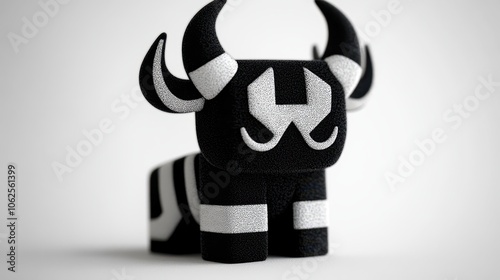 Obraz na płótnie A cartoon-style bull figure, featuring a unique black and white design, prominent curved horns, and a soft, plush texture. Its playful look suits children's products, decor, and digital content. w salonie