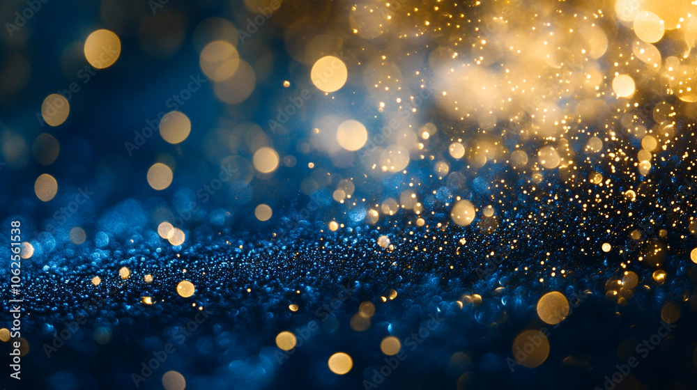 Sparkling golden and blue bokeh lights create an enchanting atmosphere in a festive setting Sparkling golden and blue bokeh lights create an enchanting atmosphere in a festive setting