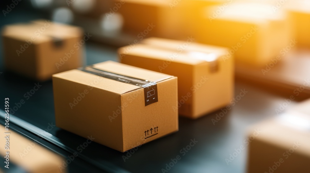 Fototapeta premium A close-up of sealed cardboard boxes on a conveyor belt in a modern warehouse. Soft lighting highlights the effecticient logistics and shipping operations essential for e-commerce.