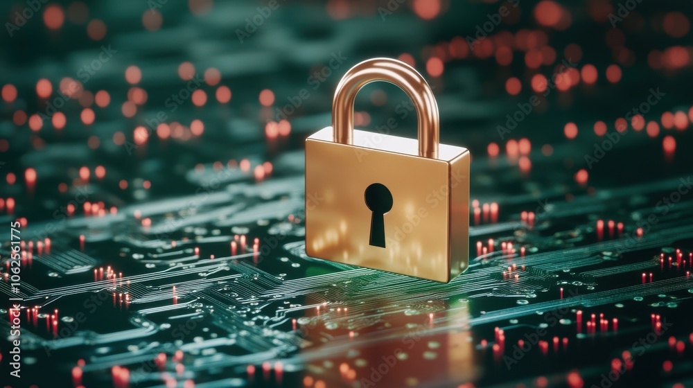 A detailed digital image of a golden padlock on a futuristic circuit board, symbolizing security and data protection amid abstract patterns and glowing lights. A detailed digital image of a golden padlock on a futuristic circuit board, symbolizing security and data protection amid abstract patterns and glowing lights.