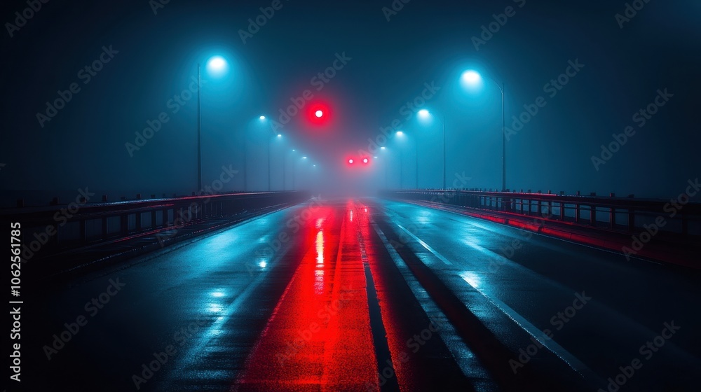 A deserted road at night, illuminated by glowing streetlights and shrouded in mist. Red traffic lights reflect on wet pavement, creating a moody, suspenseful atmosphere. A deserted road at night, illuminated by glowing streetlights and shrouded in mist. Red traffic lights reflect on wet pavement, creating a moody, suspenseful atmosphere.