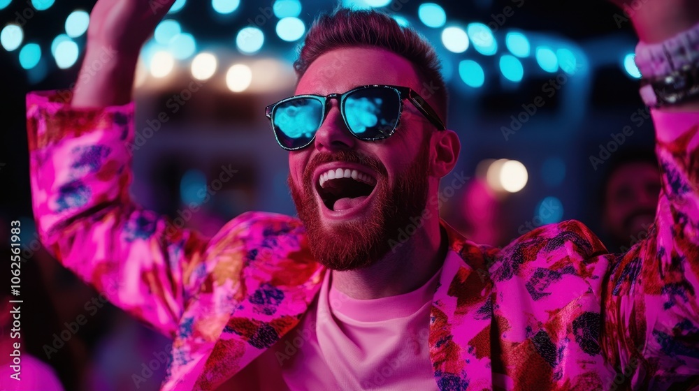 A joyful man in a flashy pink blazer and trendy sunglasses celebrates at a lively party, arms raised amidst bright lights, embodying nightlife and community spirit.