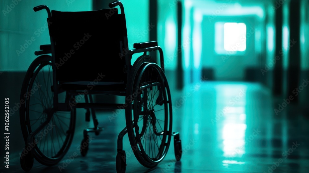 A moody shot of an empty wheelchair in a dimly lit hospital corridor, illuminated by cool teal light. image evokes themes of solitude and healthcare, ideal for medical content. A moody shot of an empty wheelchair in a dimly lit hospital corridor, illuminated by cool teal light. image evokes themes of solitude and healthcare, ideal for medical content.