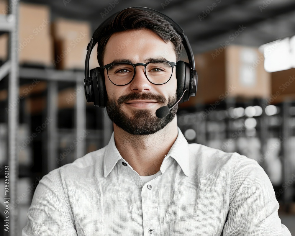 A confident man with a headset smiles in a warehouse setting, embodying professionalism and customer service. A confident man with a headset smiles in a warehouse setting, embodying professionalism and customer service.