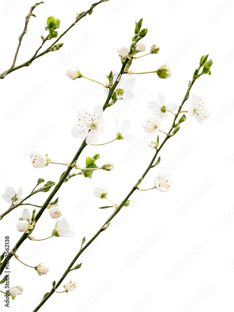 Flowering Rosaceae Branch with White Blossoms isolated on Transparent Background, Cherry or Plum Blooming on Tree Twig. Prunus plant, spring flowers, sakura buds. Flowering Rosaceae Branch with White Blossoms isolated on Transparent Background, Cherry or Plum Blooming on Tree Twig. Prunus plant, spring flowers, sakura buds.