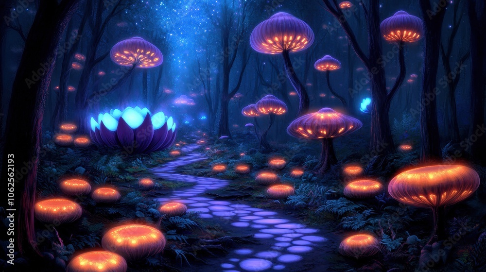 A mystical forest glows with bioluminescent fungi and flowers. A winding pathway of luminous stones invites exploration, surrounded by vibrant mushrooms and towering blue petals under a starry sky.