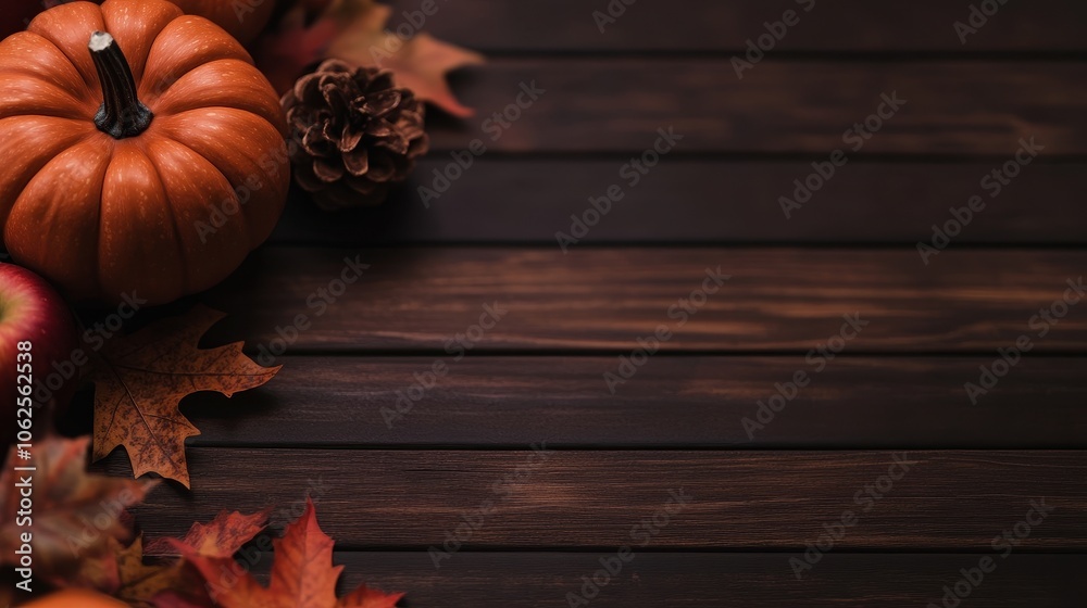 A stunning autumn still life showcases a vibrant orange pumpkin, rich red apples, and scattered maple leaves against a dark wooden background, capturing the essence of the season. A stunning autumn still life showcases a vibrant orange pumpkin, rich red apples, and scattered maple leaves against a dark wooden background, capturing the essence of the season.