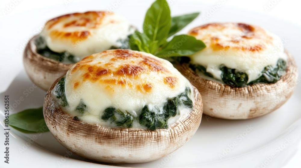 A stunning dish of three large stuffed portobello mushrooms topped with melted mozzarella. Filled with sauteed spinach, herbs, and spices, garnished with fresh basil. Perfect for food lovers. A stunning dish of three large stuffed portobello mushrooms topped with melted mozzarella. Filled with sauteed spinach, herbs, and spices, garnished with fresh basil. Perfect for food lovers.