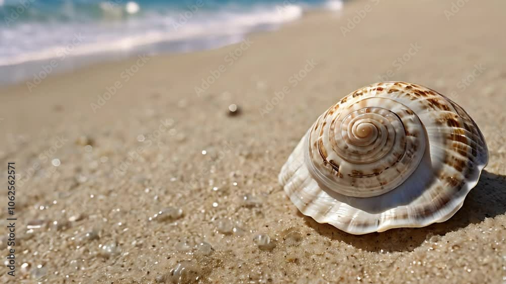 A close-up of a seashell on the beach, with sand and ocean in the background.
