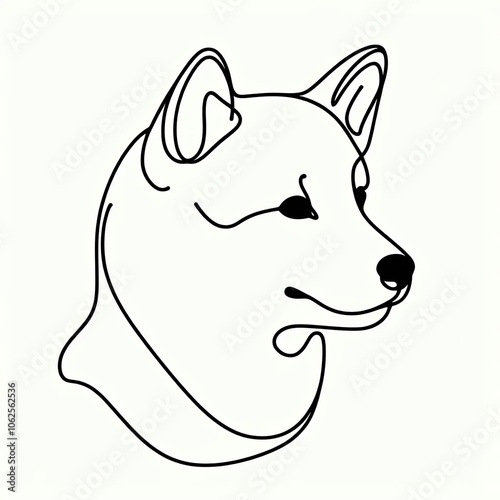 A minimalist representation of a Shiba Inu dog’s head, illustrated in black and white with clean lines emphasizing its unique characteristics and expression photo