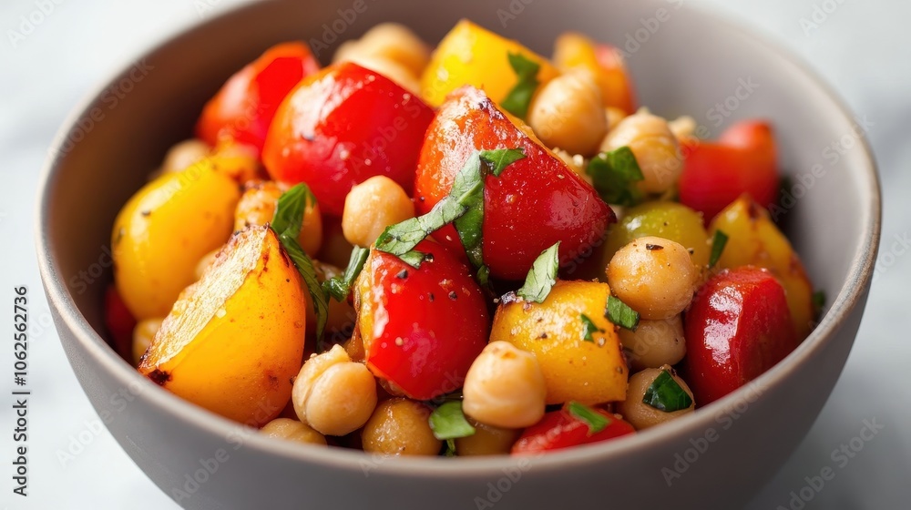 A vibrant chickpea salad with fresh, roasted bell peppers in red, yellow, and green, garnished with parsley. Served in a shallow gray bowl on a marble background, perfect for promoting healthy eating. A vibrant chickpea salad with fresh, roasted bell peppers in red, yellow, and green, garnished with parsley. Served in a shallow gray bowl on a marble background, perfect for promoting healthy eating.