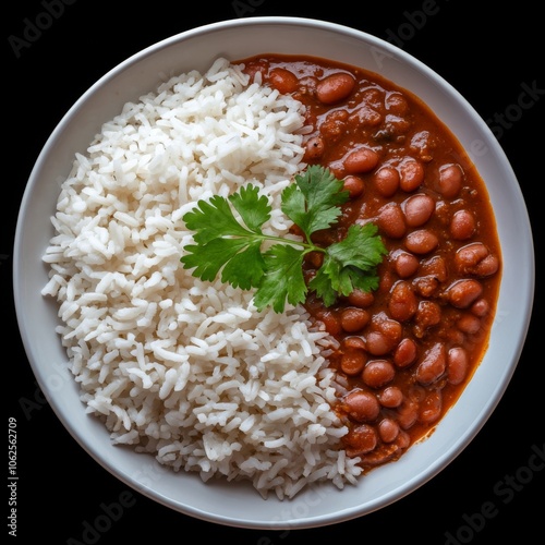 Plate food serving rice beans is white fluffy Rajma Chawal Indian Dish photo