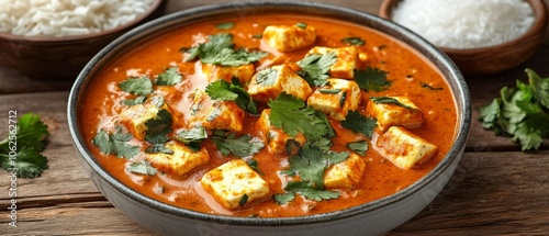 Bowl Indian curry paneer cubes red sauce is Delicious Meal: Butter