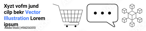 Shopping cart, chat bubble with three dots, and blockchain network symbol. Ideal for e-commerce, online shopping, customer service, technology, digital communication, cryptocurrency, and business