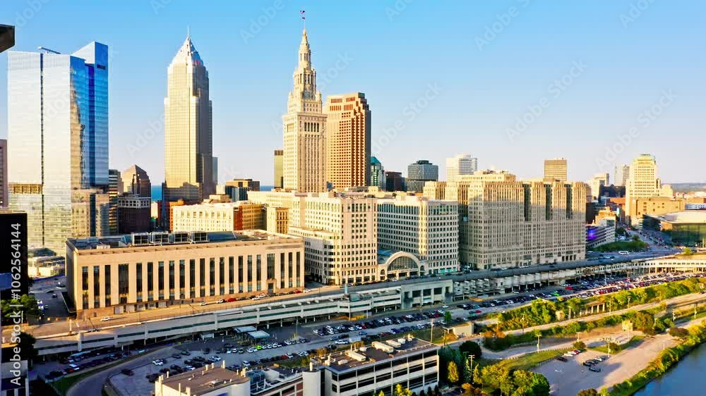 Aerial revealing shot of Cleveland, Ohio skyline at sunset. Cleveland is a major city in the U.S. state of Ohio and the county seat of Cuyahoga County.