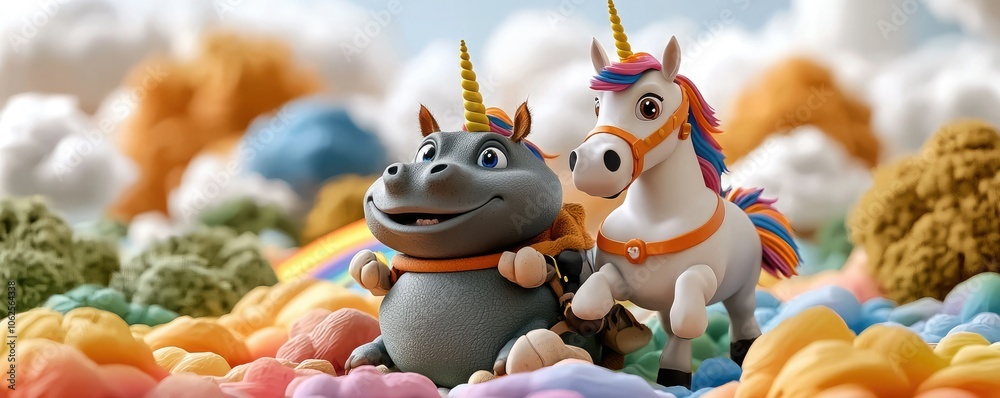 Description:** A whimsical scene featuring a playful unicorn and a quirky creature with a horn, set against a colorful, fluffy landscape.