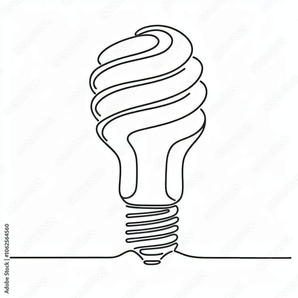 A simple line drawing of a light bulb with a spiral shape. The bulb is depicted in a single continuous line A simple line drawing of a light bulb with a spiral shape. The bulb is depicted in a single continuous line
