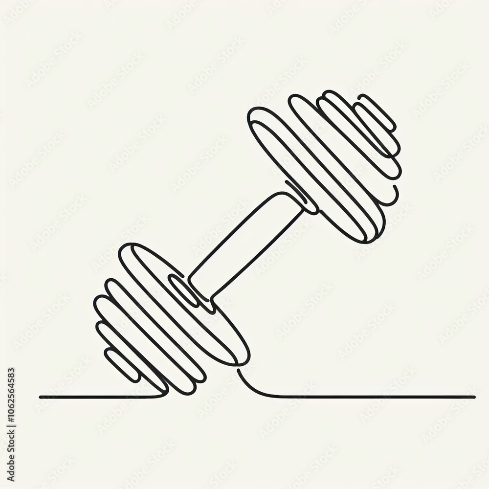 The artwork showcases a simple, one-line drawing of a dumbbell on a flat surface, highlighting the importance of strength training and physical wellness The artwork showcases a simple, one-line drawing of a dumbbell on a flat surface, highlighting the importance of strength training and physical wellness