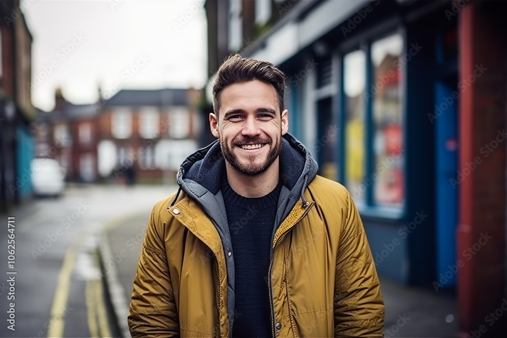 Portrait of a handsome man smiling at the camera while standing in the street. Portrait of a handsome man smiling at the camera while standing in the street.