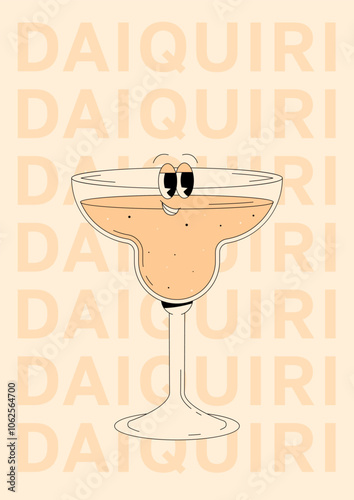 Groovy character daiquiri with emotion. Retro summer poster with popular alcoholic cocktail and text. Vintage vector illustration 70s, 80s style