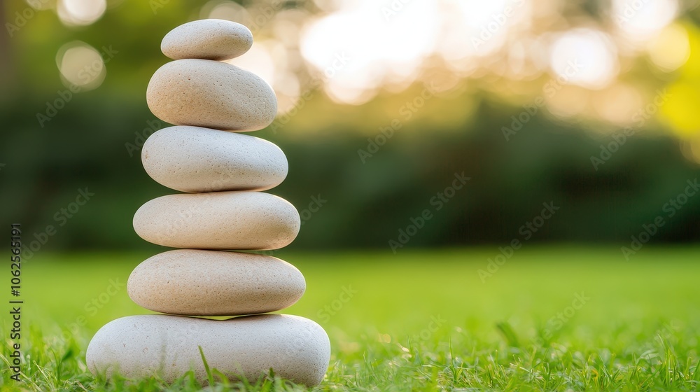 Obraz premium Balanced Stones on Grass with Green Blurred Background Zen Garden Concept
