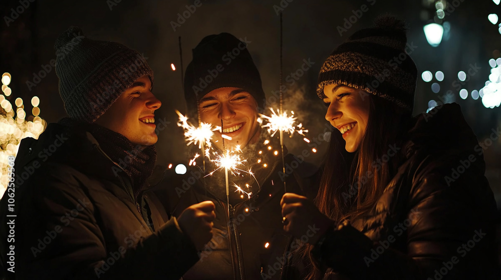 Friends celebrating together while holding sparklers during a festive evening out in winter