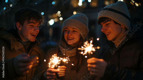 Teenagers joyfully celebrating with sparklers during an evening winter gathering in the city