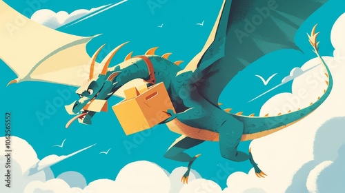 Whimsical Cartoon Dragon Delivering Packages in the Sky