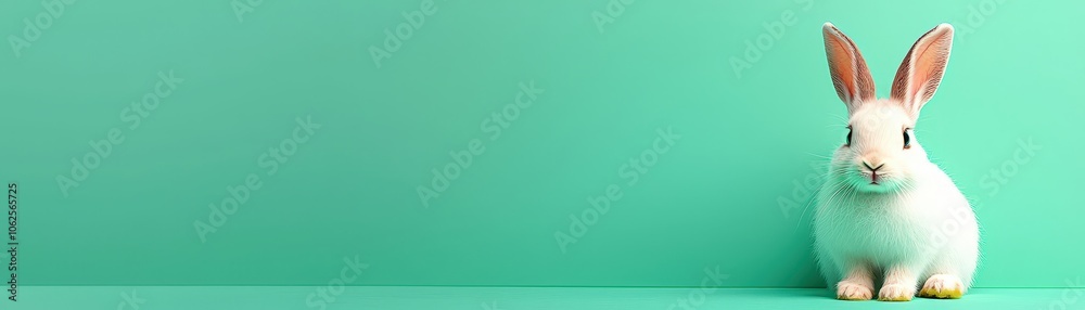 Obraz premium Cute White Rabbit on Green Background for Easter Design