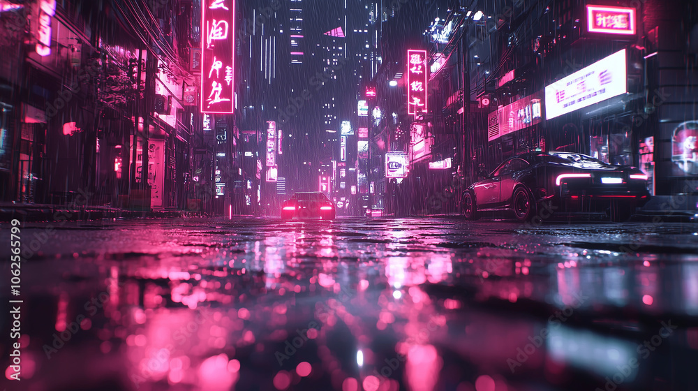 Obraz premium Cyberpunk street scene with neon lights reflecting on wet pavement under a heavy rainfall, featuring futuristic cars