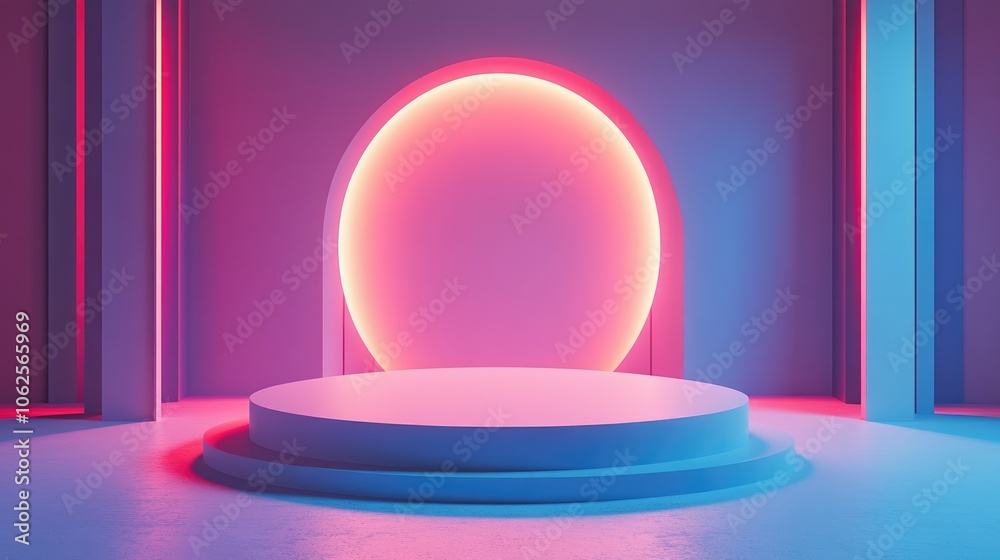 Abstract Minimalist Product Display with Neon Lights and a Circular Platform Abstract Minimalist Product Display with Neon Lights and a Circular Platform