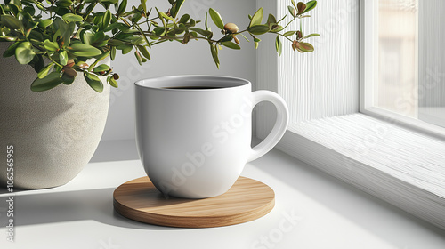 Minimalist coffee mug on wooden coaster by a sunny window, with green plant in a textured pot nearby