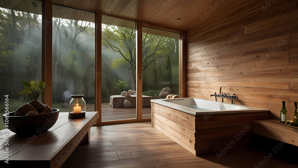 Fototapeta premium serene and calming sauna environment. The scene should feature a cozy wooden interior with warm, soft lighting that highlights the natural wood textures