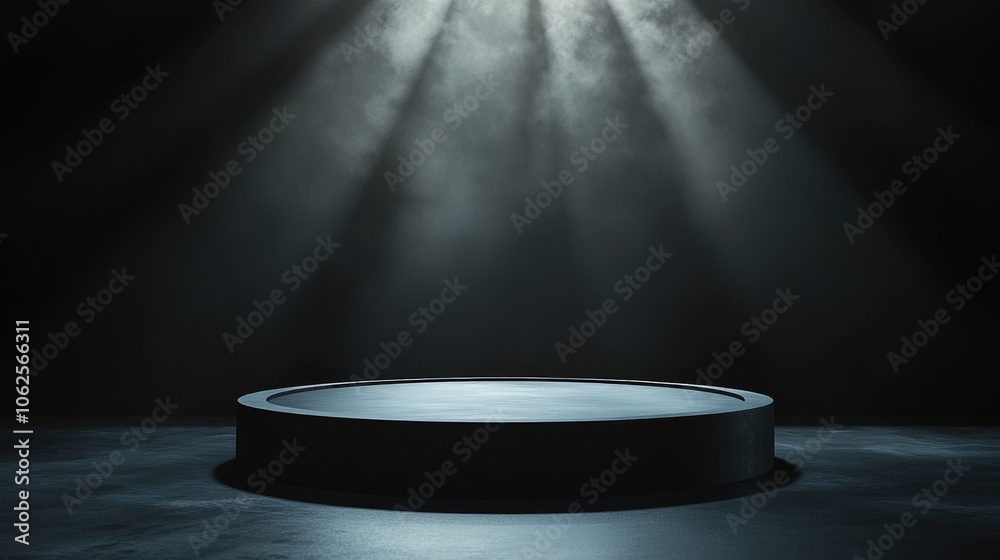 Black Circular Platform in Dark Room with Light Rays Black Circular Platform in Dark Room with Light Rays