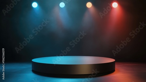 A Black Circular Pedestal Illuminated by Colored Spotlights