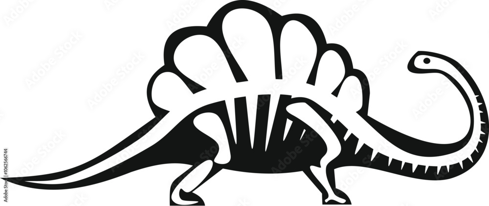 Side view of a spinosaurus dinosaur skeleton walking, depicted as a black and white silhouette Side view of a spinosaurus dinosaur skeleton walking, depicted as a black and white silhouette