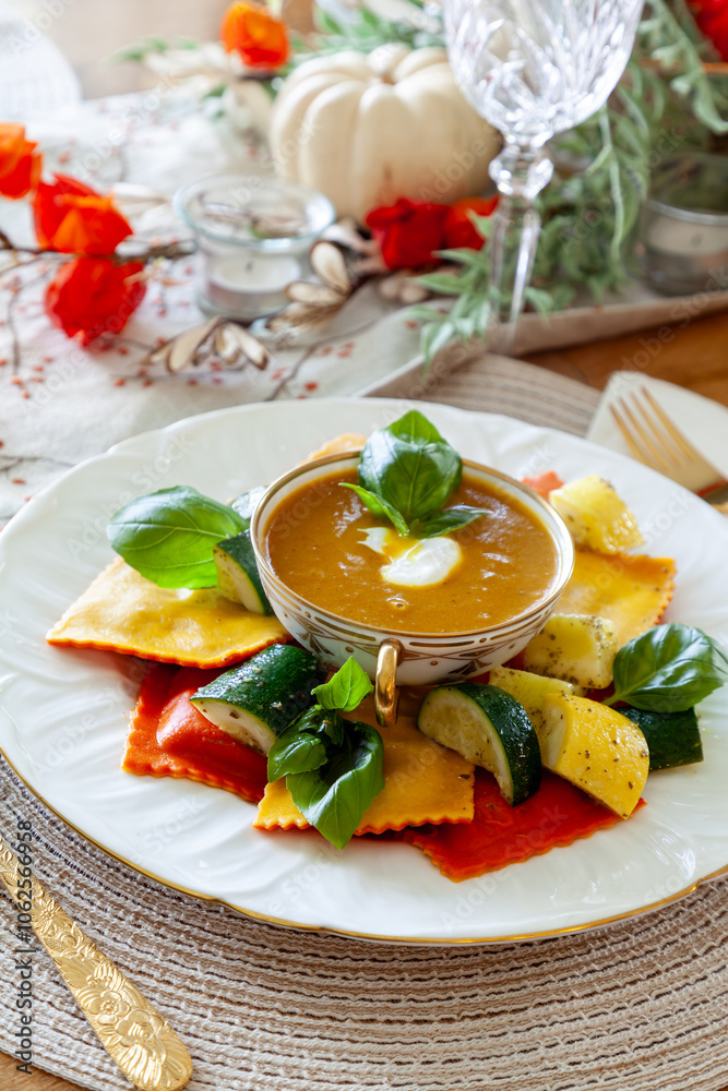 Pumpkin Ravioli with summer squash around a bowl of pumpkin and ginger soup Pumpkin Ravioli with summer squash around a bowl of pumpkin and ginger soup