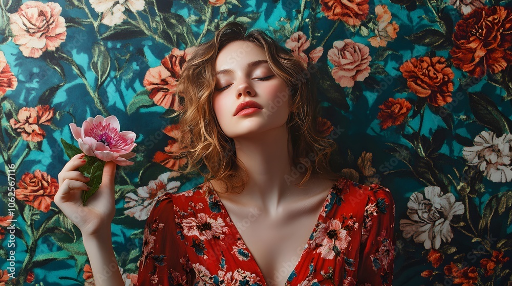 Lifestyle photo of a woman surrounded by 2D floral patterns with a single 3D flower in her hand, creating a focus on the real amidst the drawn, 4k resolution Lifestyle photo of a woman surrounded by 2D floral patterns with a single 3D flower in her hand, creating a focus on the real amidst the drawn, 4k resolution