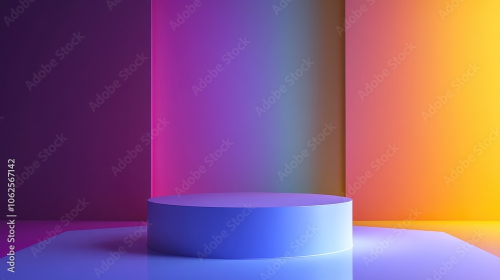 A Single Blue Cylinder Platform Against a Gradient Background of Purple, Blue, and Yellow