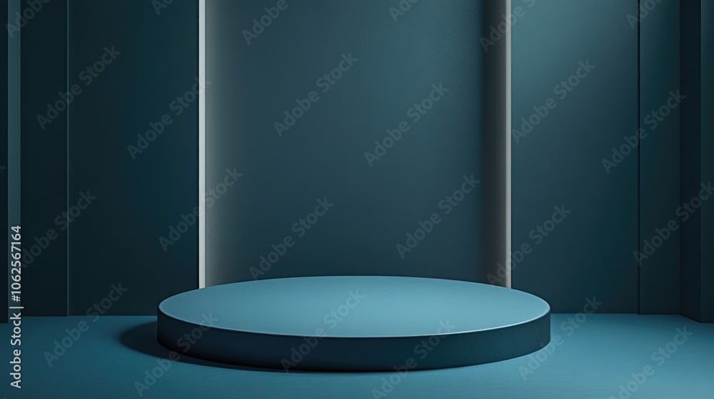A Cylindrical Platform in a Dark Blue Room with Two Vertical Stripes of Light A Cylindrical Platform in a Dark Blue Room with Two Vertical Stripes of Light