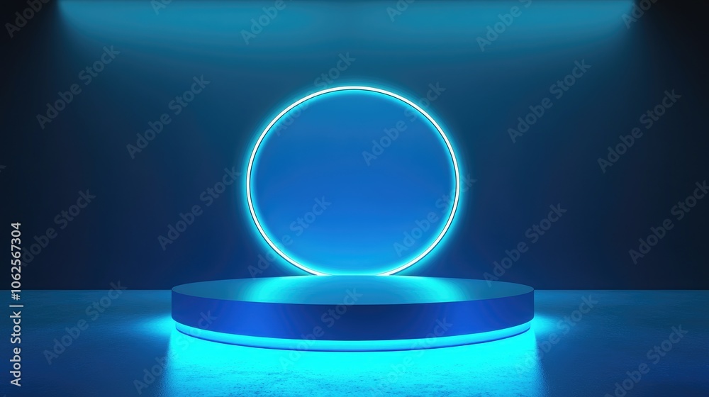 Blue Neon Circle Light Above a Pedestal Blue Neon Circle Light Above a Pedestal