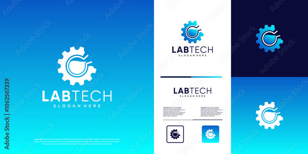 Naklejka premium gear and laboratory logo, mechanical symbols, engineering science, graphic design template.