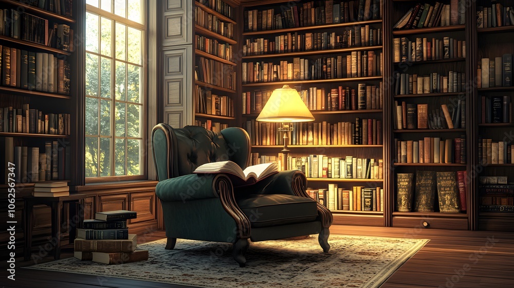 Lifestyle photo of a person reading a book in a 2D library with a 3D chair and lamp, blending fantasy with comfort, 4k resolution Lifestyle photo of a person reading a book in a 2D library with a 3D chair and lamp, blending fantasy with comfort, 4k resolution