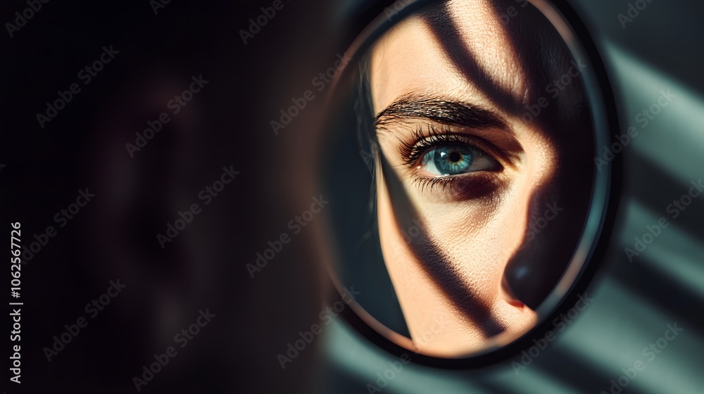 Lifestyle photo of a person looking into a mirror with a single spotlight, casting dramatic shadows across their face, enhancing their expression, 4k resolution Lifestyle photo of a person looking into a mirror with a single spotlight, casting dramatic shadows across their face, enhancing their expression, 4k resolution