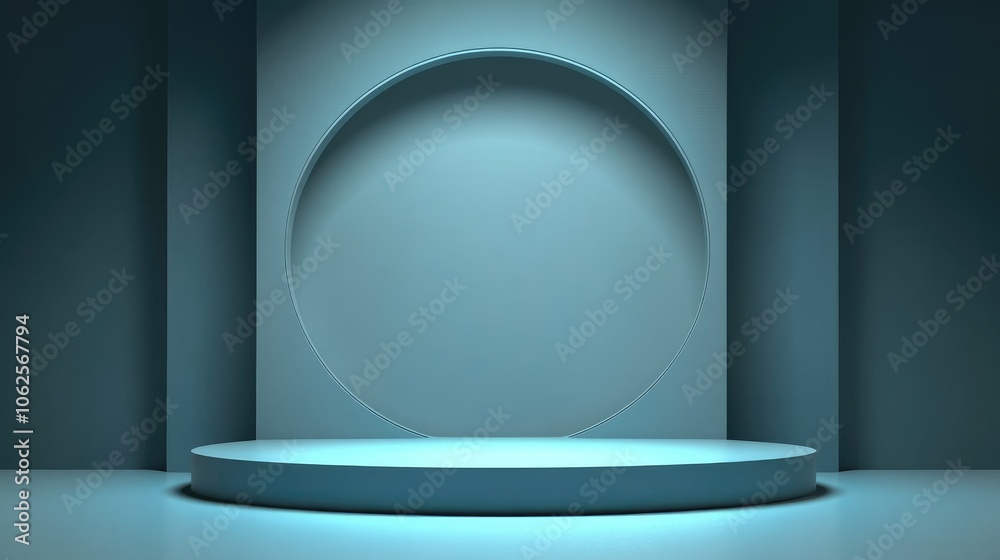 Abstract Cylindrical Platform in a Minimalist Blue Room Abstract Cylindrical Platform in a Minimalist Blue Room